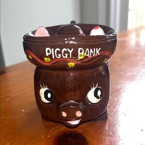 Vintage Japan Brown Piggy Bank with Pink Accents